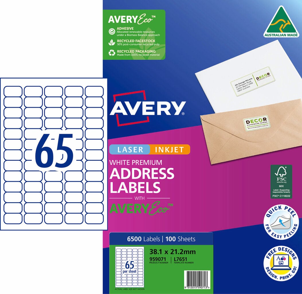 Avery 959071 pack of Premium Address Labels with AveryEco, the L7651 carton front printed 6500 Labels and 100 Sheets at 38.1 x 21.2mm, beside a diagram of the A4 sheet layout with 65 labels, with the Australian Made kangaroo logo, FSC mark and Quick Peel roundel