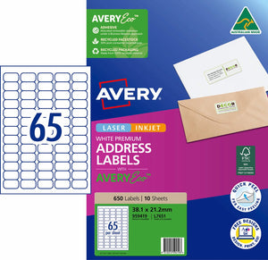 Avery 959419 pack of Premium Address Labels with AveryEco, the L7651 carton front printed 650 Labels and 10 Sheets at 38.1 x 21.2mm, beside a diagram of the A4 sheet layout with 65 labels, with the Australian Made kangaroo logo, FSC mark and Quick Peel roundel