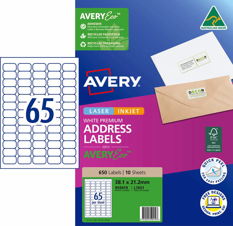 Avery 959419 pack of Premium Address Labels with AveryEco, the L7651 carton front printed 650 Labels and 10 Sheets at 38.1 x 21.2mm, beside a diagram of the A4 sheet layout with 65 labels, with the Australian Made kangaroo logo, FSC mark and Quick Peel roundel