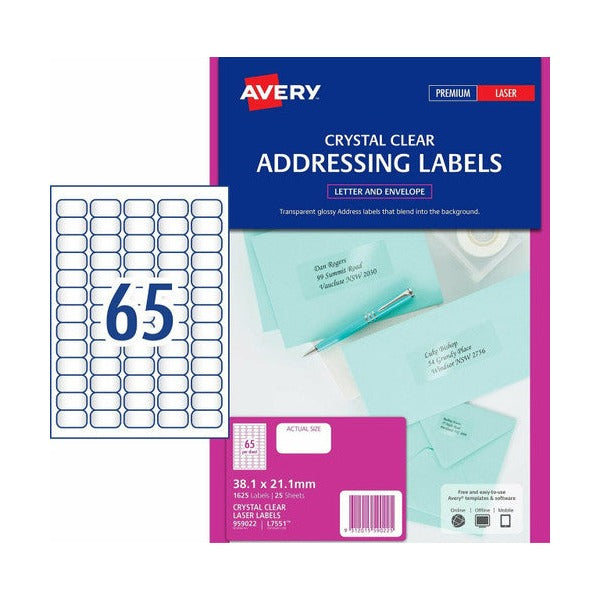 Avery Crystal Clear Address Labels 959022 L7551 1625 Pack 38.1x21.2mm 65-Up | Fully transparent for maximum invisibility on premium personalised mail