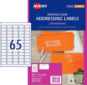 Avery Frosted Clear Matt Address Labels 936009 J8551 1625 Pack 38.1x21.2mm 65-Up | High-volume clear labels for premium mail and invitations