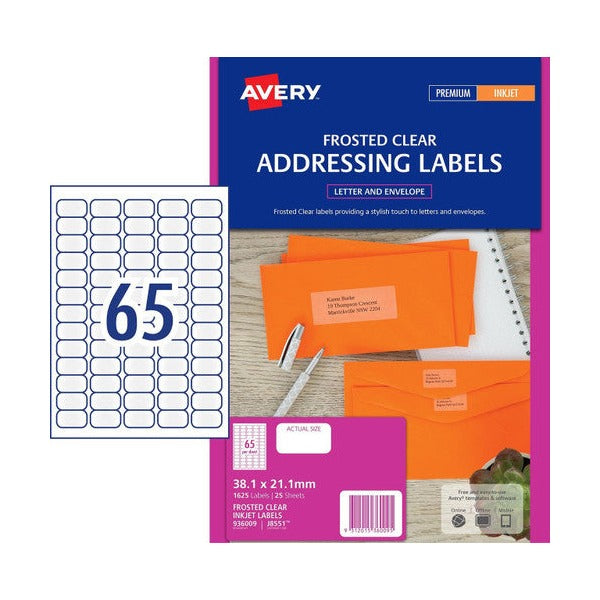 Avery Frosted Clear Matt Address Labels 936009 J8551 1625 Pack 38.1x21.2mm 65-Up | High-volume clear labels for premium mail and invitations