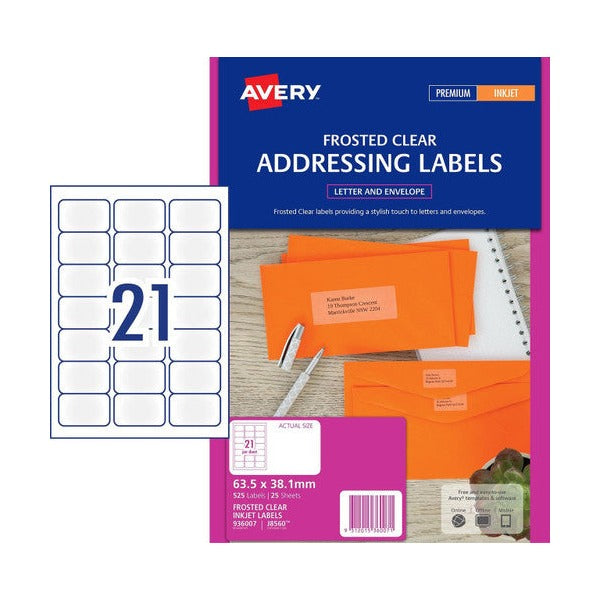 Avery Frosted Clear Matt Address Labels 936007 J8560 525 Pack 63.5x38.1mm 21-Up | Medium-format clear label for DL envelopes and smaller packaging