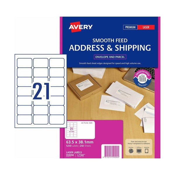 Avery Smooth Feed Address Labels 959090 L7160 5250pk 63.5x38.1mm 21-Up | Maximum-yield anti-jam standard address label for very high-throughput operations
