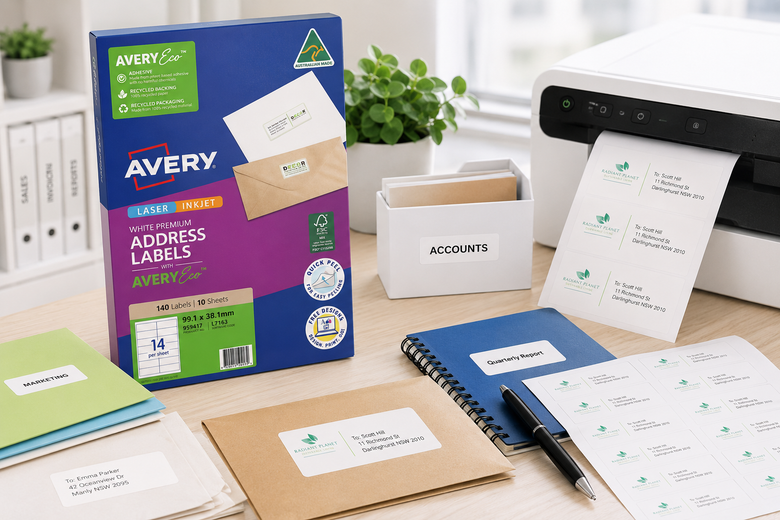 Avery address label packaging on a desk with printing equipment and labeled documents.