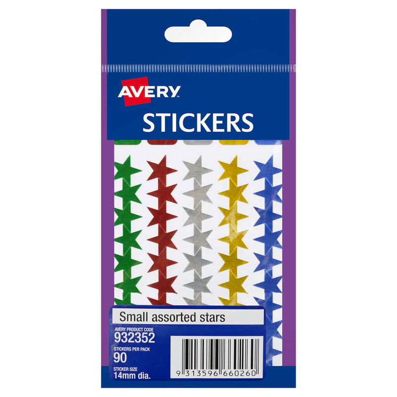 Avery 932352 resealable handipack of 90 assorted colour 14mm star stickers, the printed card front showing rows of green, red, silver, yellow and blue foil stars with the Avery logo