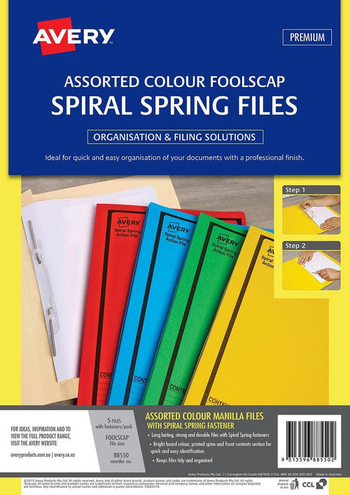 Avery Assorted Colour Spiral Spring Action File Foolscap 5 Pack - image 2