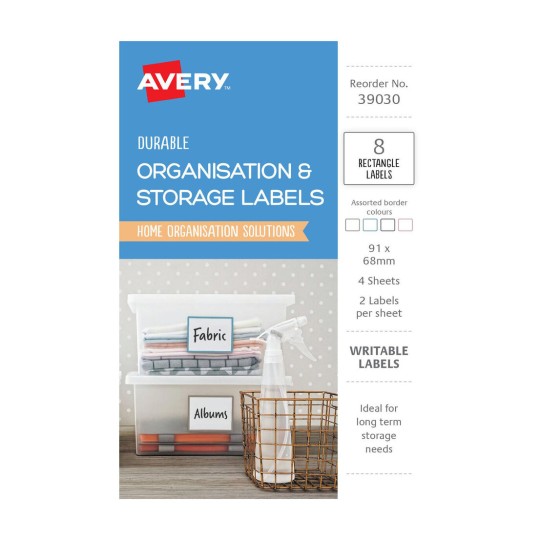 Avery 39030 assorted durable rectangular labels, 91 x 68mm, A6, pack of 4