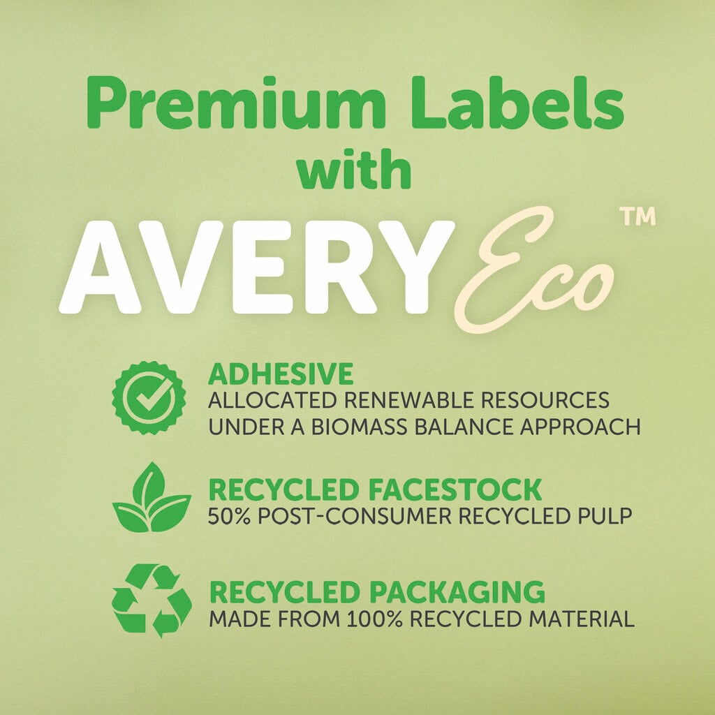 AveryEco information panel on a pale green background listing three sustainability claims, adhesive from allocated renewable resources under a Biomass Balance approach, recycled facestock with 50 percent post-consumer recycled pulp, and packaging made from 100 percent recycled material