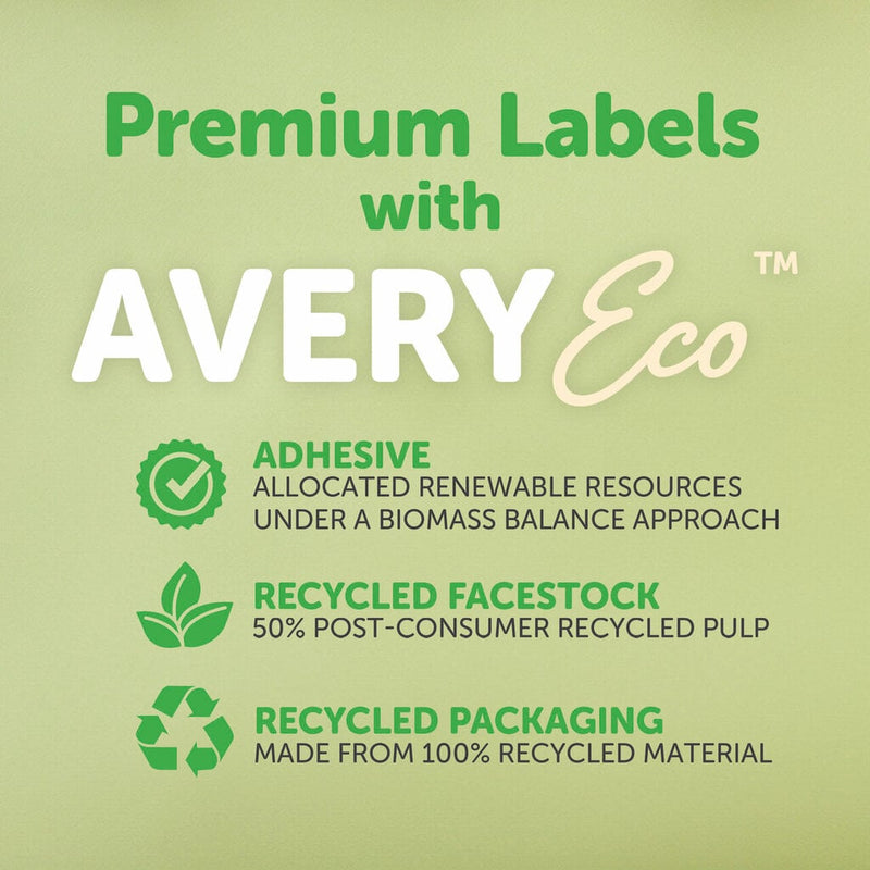 AveryEco information panel on a pale green background listing three sustainability claims, adhesive from allocated renewable resources under a Biomass Balance approach, recycled facestock with 50 percent post-consumer recycled pulp, and packaging made from 100 percent recycled material