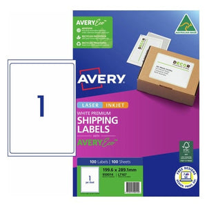 Avery Premium Shipping Labels AveryEco 959014 L7167 199.6x289.1mm 100 Pack 1-Up | Full A4 TrueBlock eco shipping label for high-volume bulk parcel dispatch