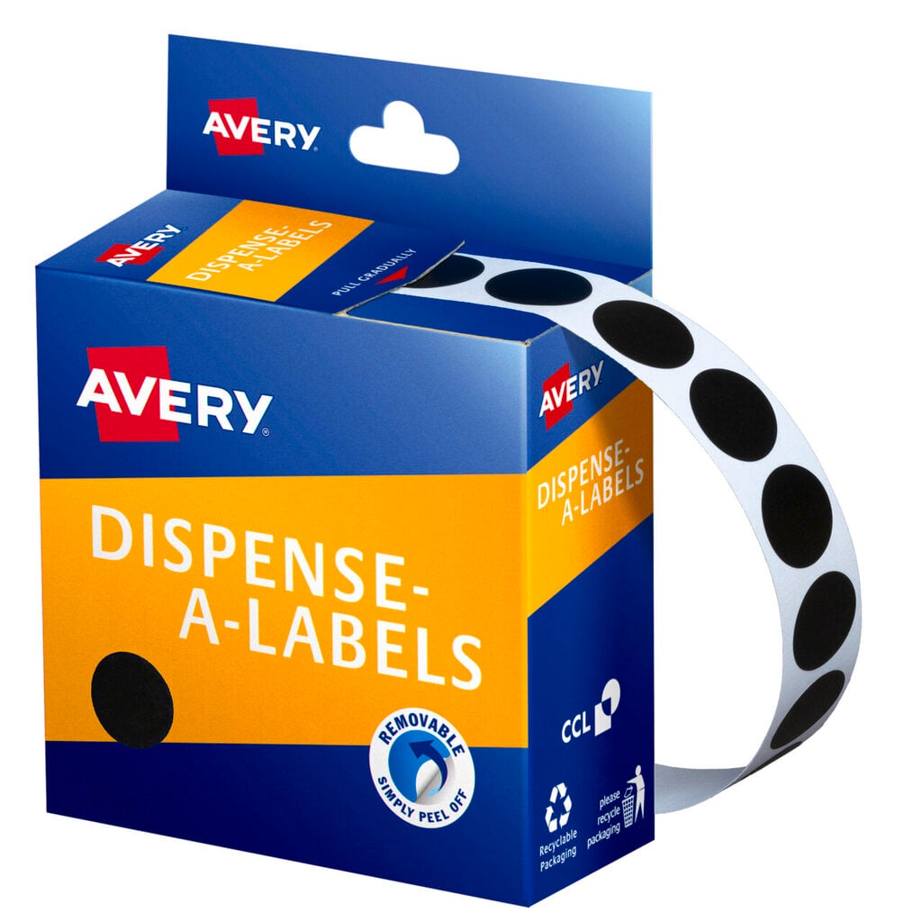 Avery Dispense-A-Labels box dispensing a curved strip of small 14mm black round labels, with a black dot swatch printed on the orange front panel and a Removable Simply Peel Off badge below it.