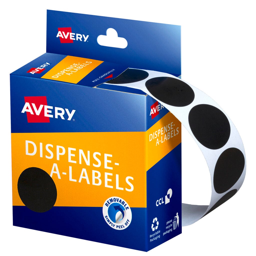 Avery Dispense-A-Labels carton feeding a strip of large 24mm black circular labels, fewer and wider across the white backing strip, with a matching oversized black dot swatch on the orange box panel.