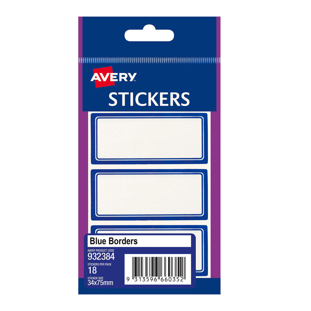 Avery 932384 resealable handipack of 18 white 75 x 34mm labels with a printed blue border, the card front showing the bordered blank labels, the Avery logo and the pack details