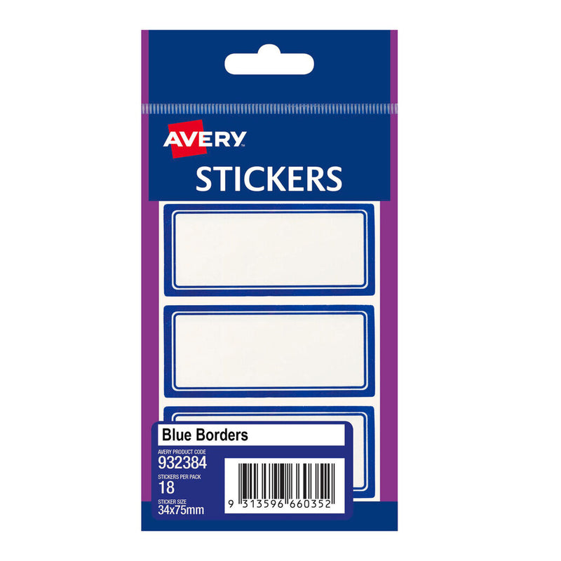 Avery 932384 resealable handipack of 18 white 75 x 34mm labels with a printed blue border, the card front showing the bordered blank labels, the Avery logo and the pack details
