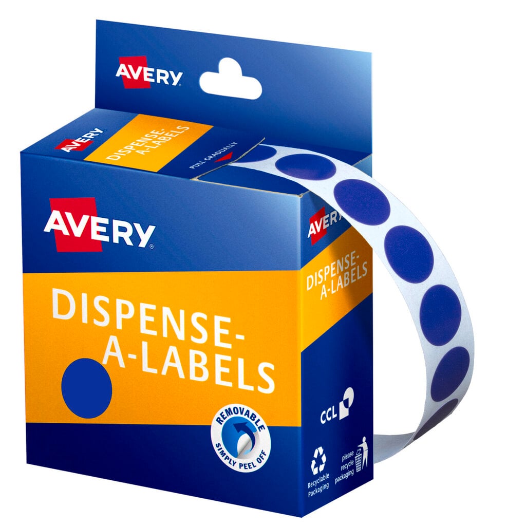 Avery Dispense-A-Labels dispenser box with a strip of small 14mm blue round labels curving out of the top slot and a blue dot swatch printed on the orange front panel beside the product name.