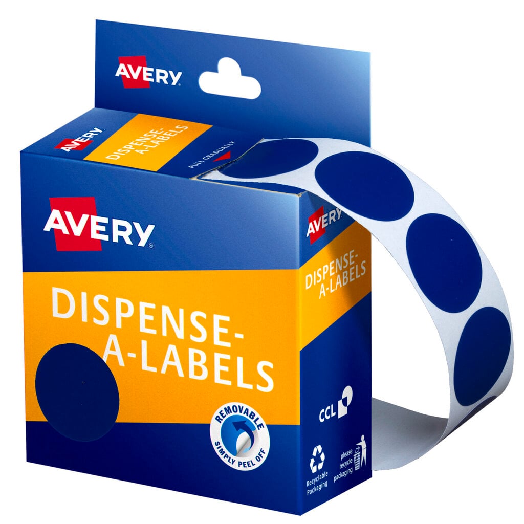 Avery Dispense-A-Labels carton dispensing a strip of large 24mm blue circular labels in a wide arc, with a big blue dot swatch spanning the orange and navy panels on the front of the box.