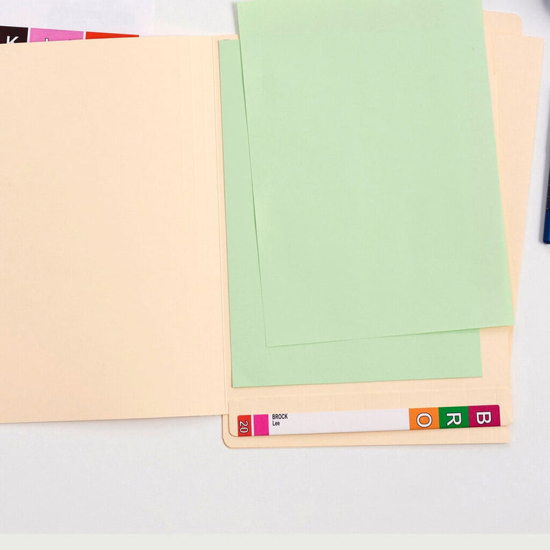 Avery buff lateral file open flat with green sheets inside and a printed tab label reading Brock Lee 20 with colour code blocks.