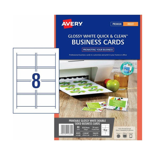Avery Quick and Clean Inkjet Business Cards 936229 Gloss 220gsm 8-Up | Clean-edge vibrant-colour cards for full-colour brand imagery on inkjet printers