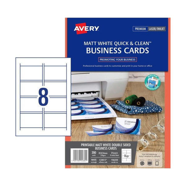 Avery Quick and Clean Double-Sided Inkjet Business Cards 936220 Matt 250gsm 8-Up | Non-reflective sophisticated finish for professional in-house printing