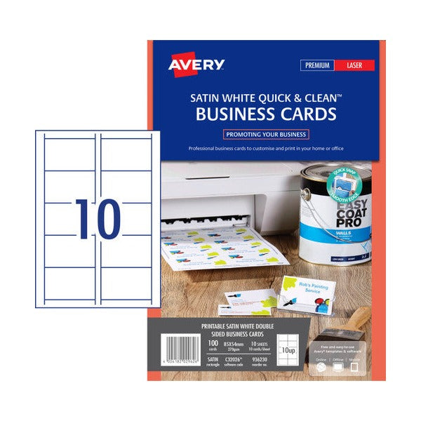 Avery Quick and Clean Business Cards 936230 Satin 270gsm Double-Sided 10-Up | Premium-weight clean-edge in-house colour laser printing