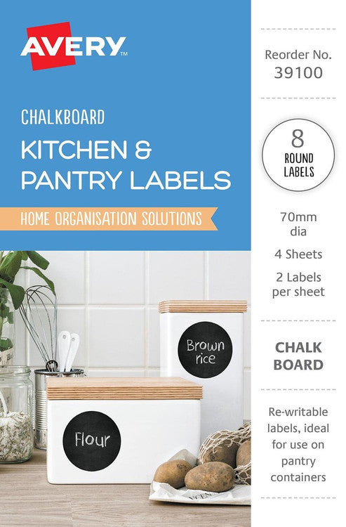Avery Chalkboard Round Rewritable Labels 39100 70mm 8 Pack | Write with chalk or liquid marker, wipe and reuse