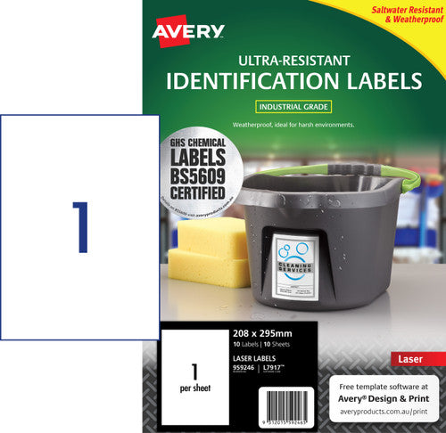 Avery Ultra-Resistant Chemical Grade Labels 959246 208x295mm 10 Pack 1-Up | Full A4-size chemical-resistant label for large drum fronts and equipment panels