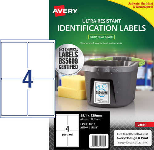 Avery Ultra-Resistant Chemical Grade Labels 959244 99.1x139mm 40pk 4-Up | Large-format chemical-resistant label for GHS and industrial identification