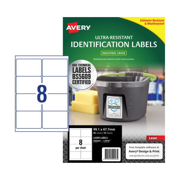 Avery Ultra-Resistant Chemical Grade Labels 959243 99.1x67.7mm 80pk 8-Up | Compact parcel-size chemical-resistant label for drum and industrial container identification