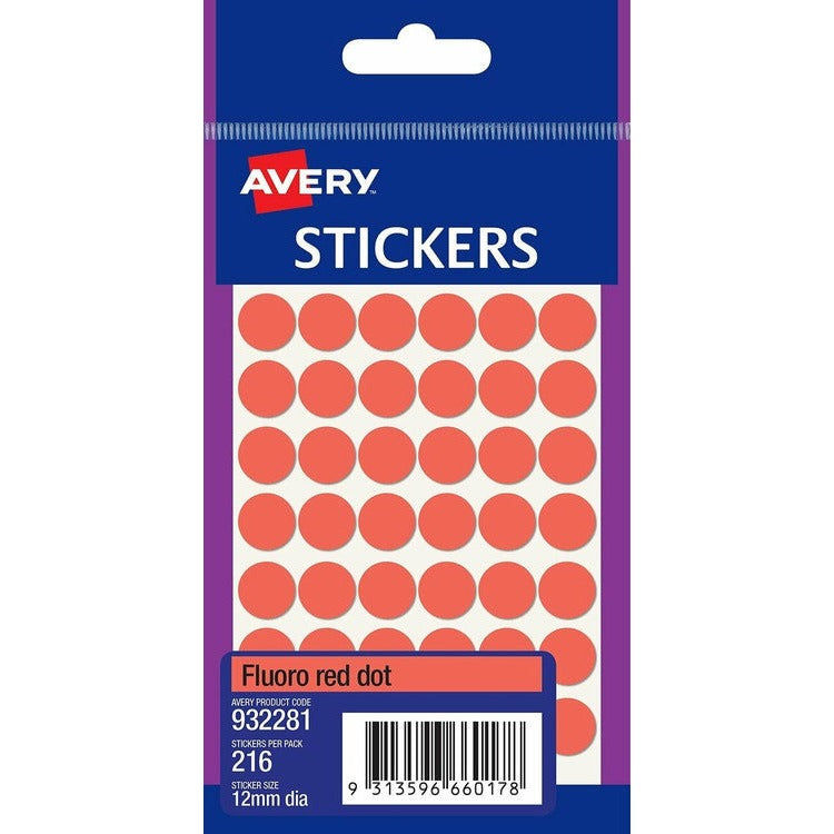 Avery Fluoro Red Circle Stickers 932281 12mm Pack 216 | Maximum-urgency marking for safety-critical alerts, faults and rejected items