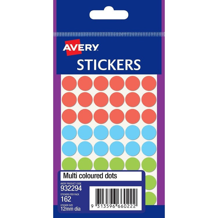 Avery Multi-Coloured Circle Stickers 932294 12mm Pack 162 | Fine-detail colour-coding for small items, cables, keys and dense filing
