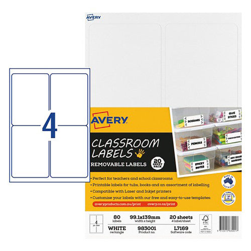 Avery White Classroom Labels 983001 L7169 99.1x139mm 20 Pack 4-Up | Large removable classroom label for tubs and storage boxes in education environments