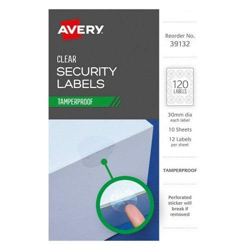 Avery 30mm Clear Security Tamper Proof Labels 39132 120 Pack | Virtually invisible tamper-evident seal for discreet packaging and document security