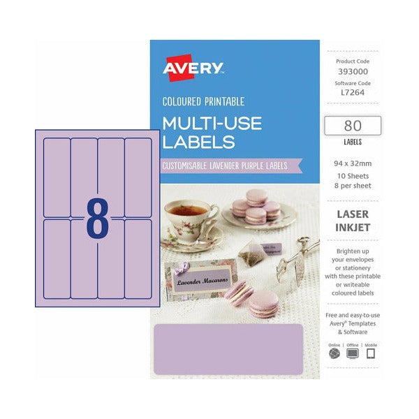 Avery Multi-Use Lavender Purple Coloured Labels 393000 94x32mm 80pk 10 Sheets | Permanent lavender purple label for colour-coded filing and identification