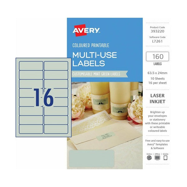 Avery Multi-Use Mint Green Coloured Labels 393220 63.5x24mm 160pk 10 Sheets | Compact permanent mint green label for colour-coded filing and identification