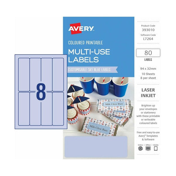 Avery Multi-Use Sky Blue Coloured Labels 393010 94x32mm 80pk 10 Sheets | Permanent sky blue label for colour-coded filing and identification