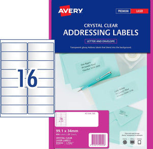 Avery Crystal Clear Address Labels 959050 L7562 400pk 99.1x34mm 16-Up | Transparent wide shallow label for invisible-label professional mailing