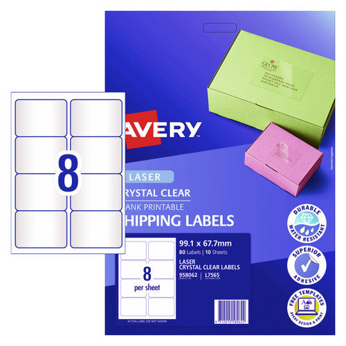 Avery Crystal Clear Shipping Labels 958062 L7565 99.1x67.7mm 10 Pack 8-Up | Transparent compact parcel label for premium gift dispatch