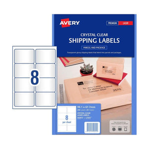 Avery Crystal Clear Shipping Labels 959052 L7565 200pk 99.1x67.7mm 8-Up | Transparent compact shipping label for premium branded packaging