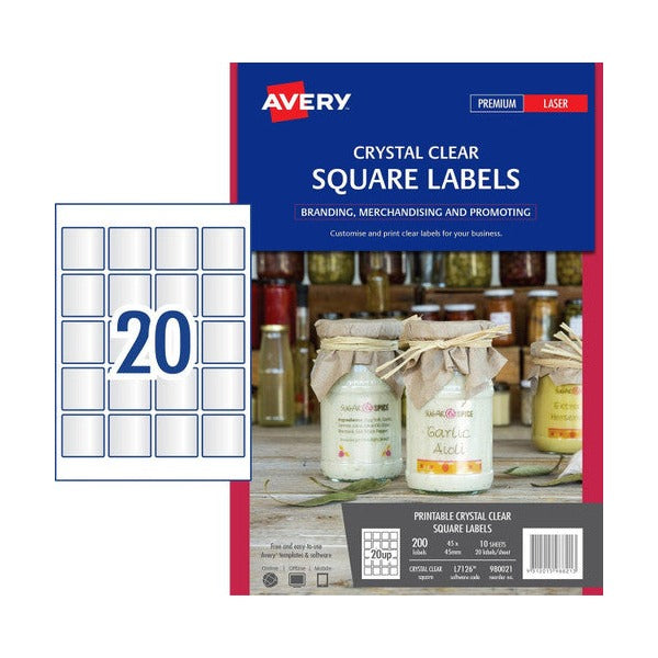 Avery Crystal Clear Square Product Labels 980021 L7126 200pk 45x45mm 20-Up | Invisible compact square for premium product branding with geometric packaging alignment