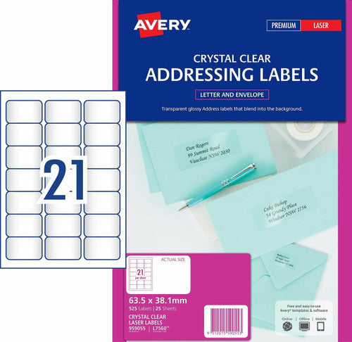 Avery Crystal Clear Address Labels L7560 525 Pack 63.5 x 38.1mm 21UP - image 1