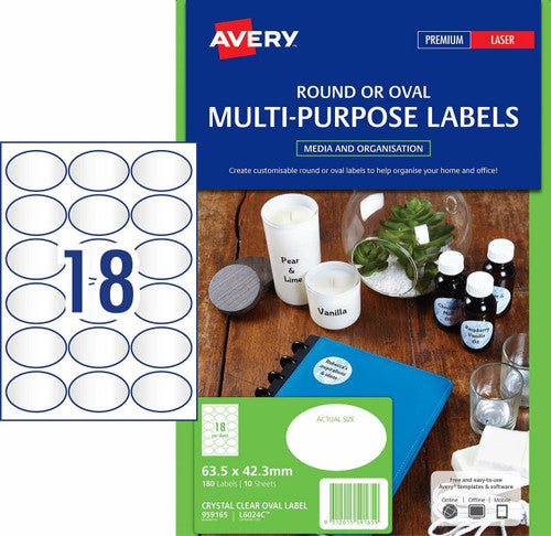 Avery Crystal Clear Oval Multi-Purpose Labels L6024C 180 Pack 63.5 x 42.3mm 18UP - image 1
