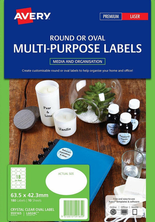 Avery Crystal Clear Oval Multi-Purpose Labels L6024C 180 Pack 63.5 x 42.3mm 18UP - image 3