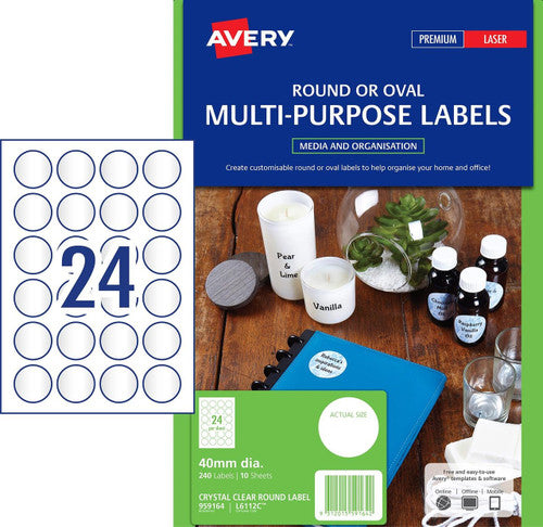 Avery Crystal Clear Round Multi-Purpose Labels L6112C 240 Pack 40mm - image 1