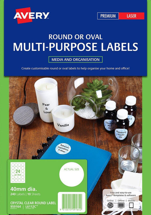 Avery Crystal Clear Round Multi-Purpose Labels L6112C 240 Pack 40mm - image 3
