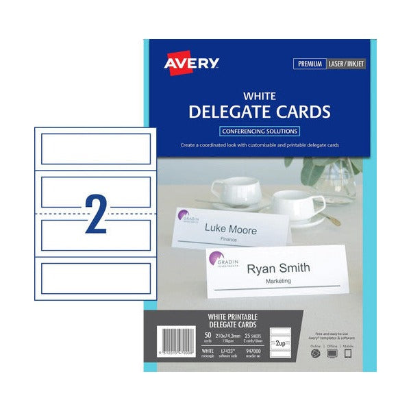 Avery Delegate Cards 947000 Laser Embossed 210x74.25mm 25pk 2-Up 150gsm | Premium embossed conference name cards for formal events
