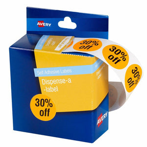 Avery Pre-Printed 30% Off Dispenser Labels 937316 Circle 24mm Pack 500 | Instant retail discount marking for sale events and clearance promotions