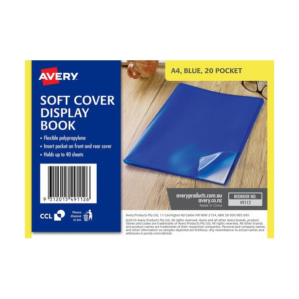Avery Display Book Soft Cover 49112 Blue A4 20 Pocket | Lightweight colour-identified presentation book for portfolios