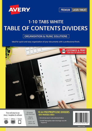 Avery Divider 85610 1-10 Index Tabs A4 White | Standard 10-section configuration for everyday binder and lever arch organisation