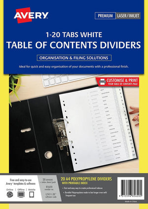 Avery Divider 85620 1-20 Index Tabs A4 White | Organise up to 20 numbered sections in ring binders and lever arch files